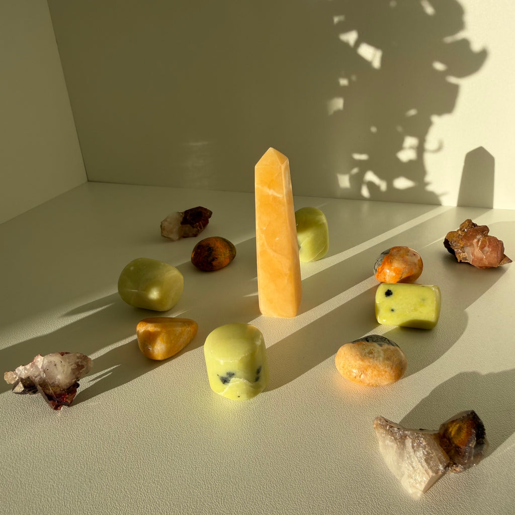 Summer Mandala Crystal Set | Yellow Calcite Tower, Serpentine, Bumblebee Jasper & Red Quartz | Solar Energy Crystal Grid Kit