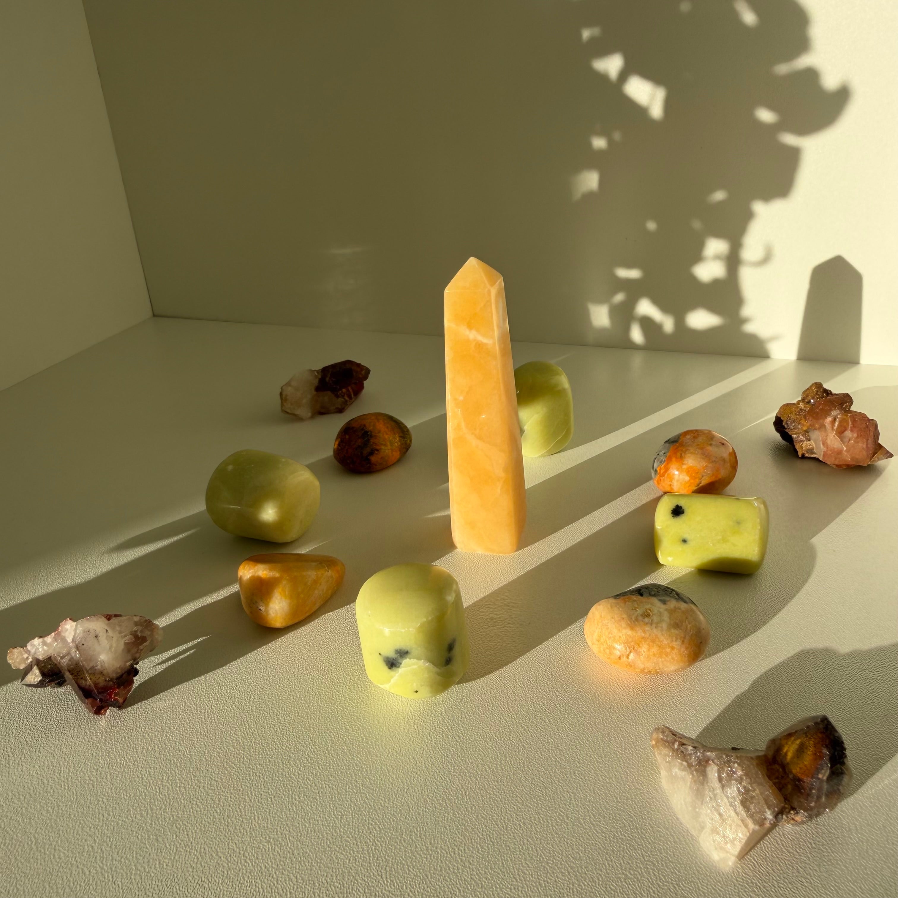Summer Mandala Crystal Set | Yellow Calcite Tower, Serpentine, Bumblebee Jasper & Red Quartz | Solar Energy Crystal Grid Kit