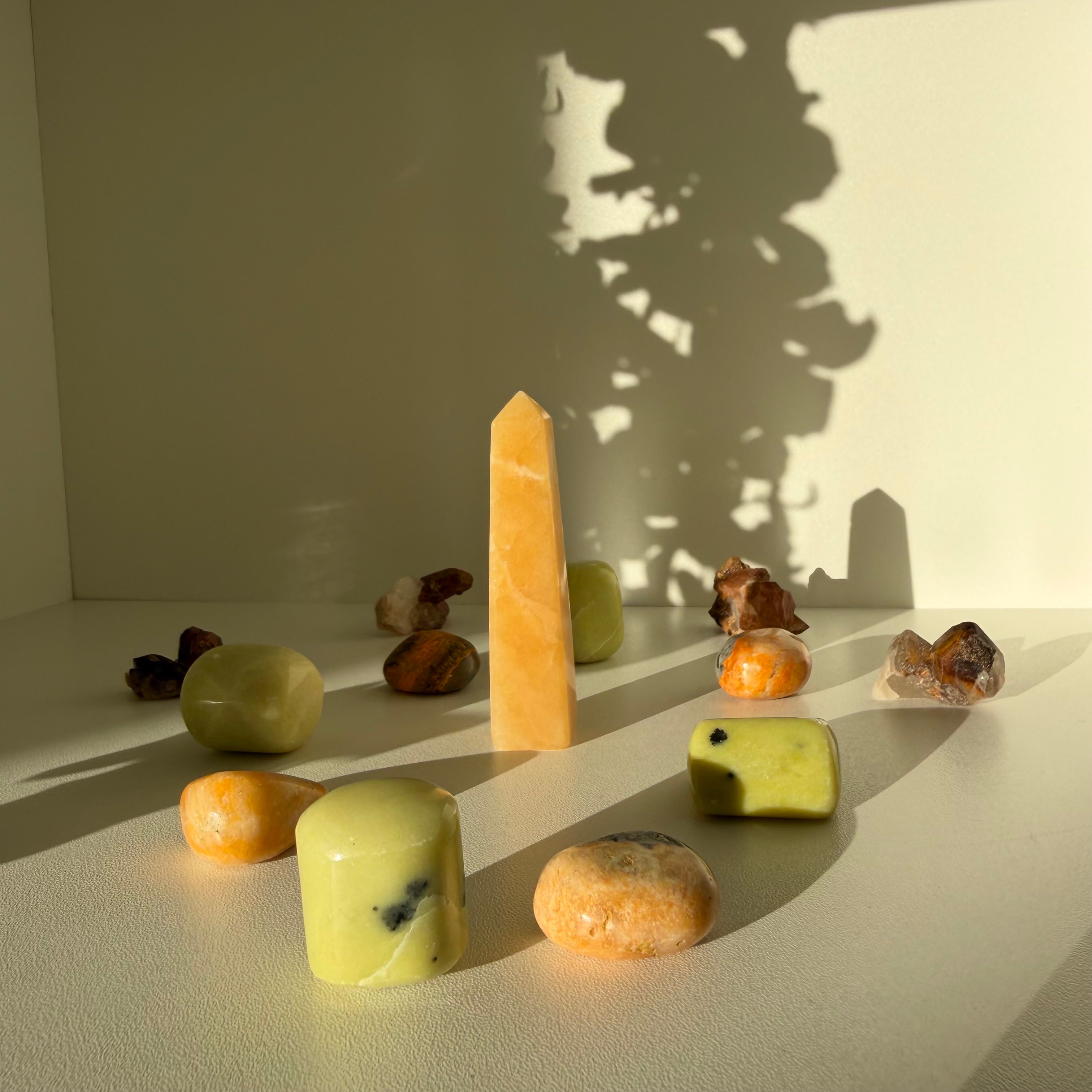 Summer Mandala Crystal Set | Yellow Calcite Tower, Serpentine, Bumblebee Jasper & Red Quartz | Solar Energy Crystal Grid Kit
